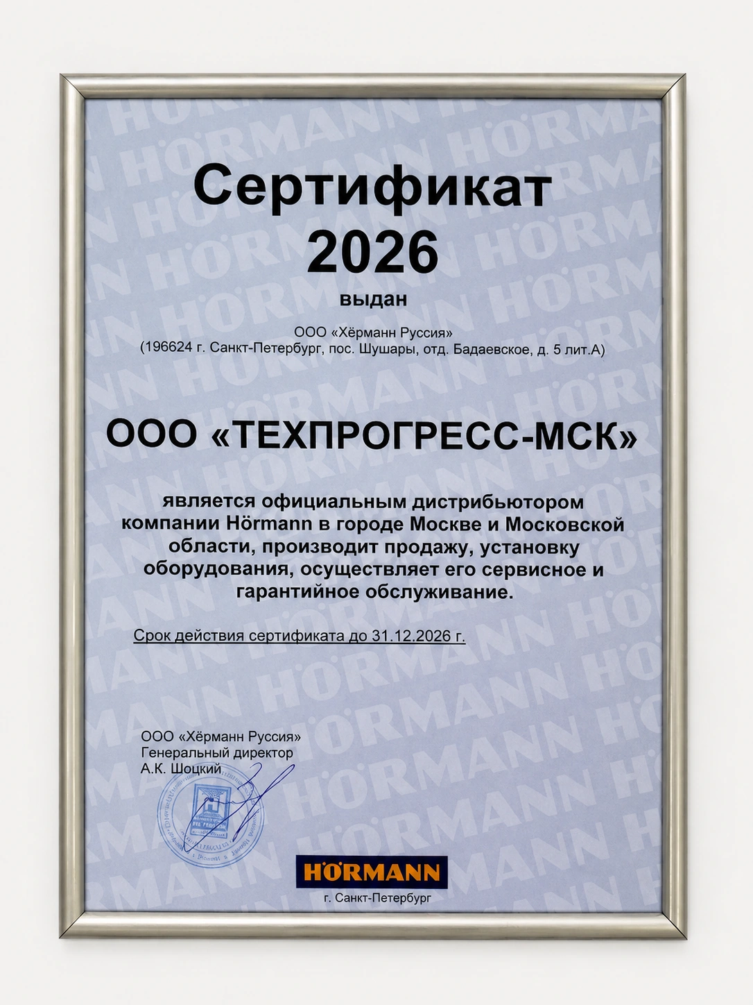 Сертификат официального дистрибьютора Hörmann за 2026 год
